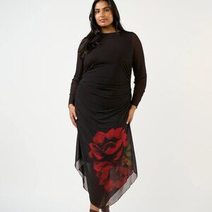NWT Estelle Raya Black Mesh Ruched Dress Red Rose Floral Asymmetric Hem 16W